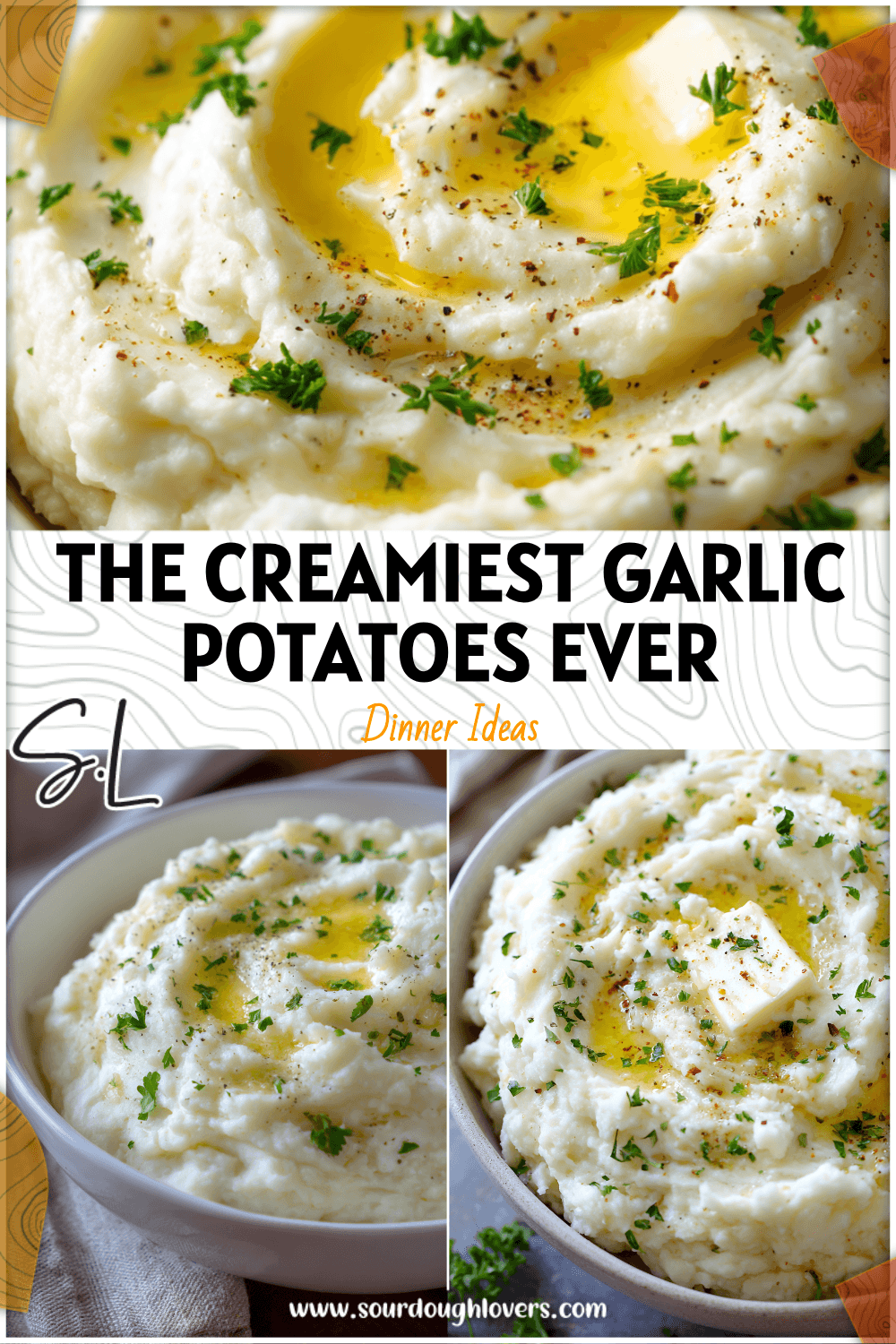 Bowl of creamy garlic mashed potatoes topped with butter and parsley, showing a homemade mashed potatoes texture. 26